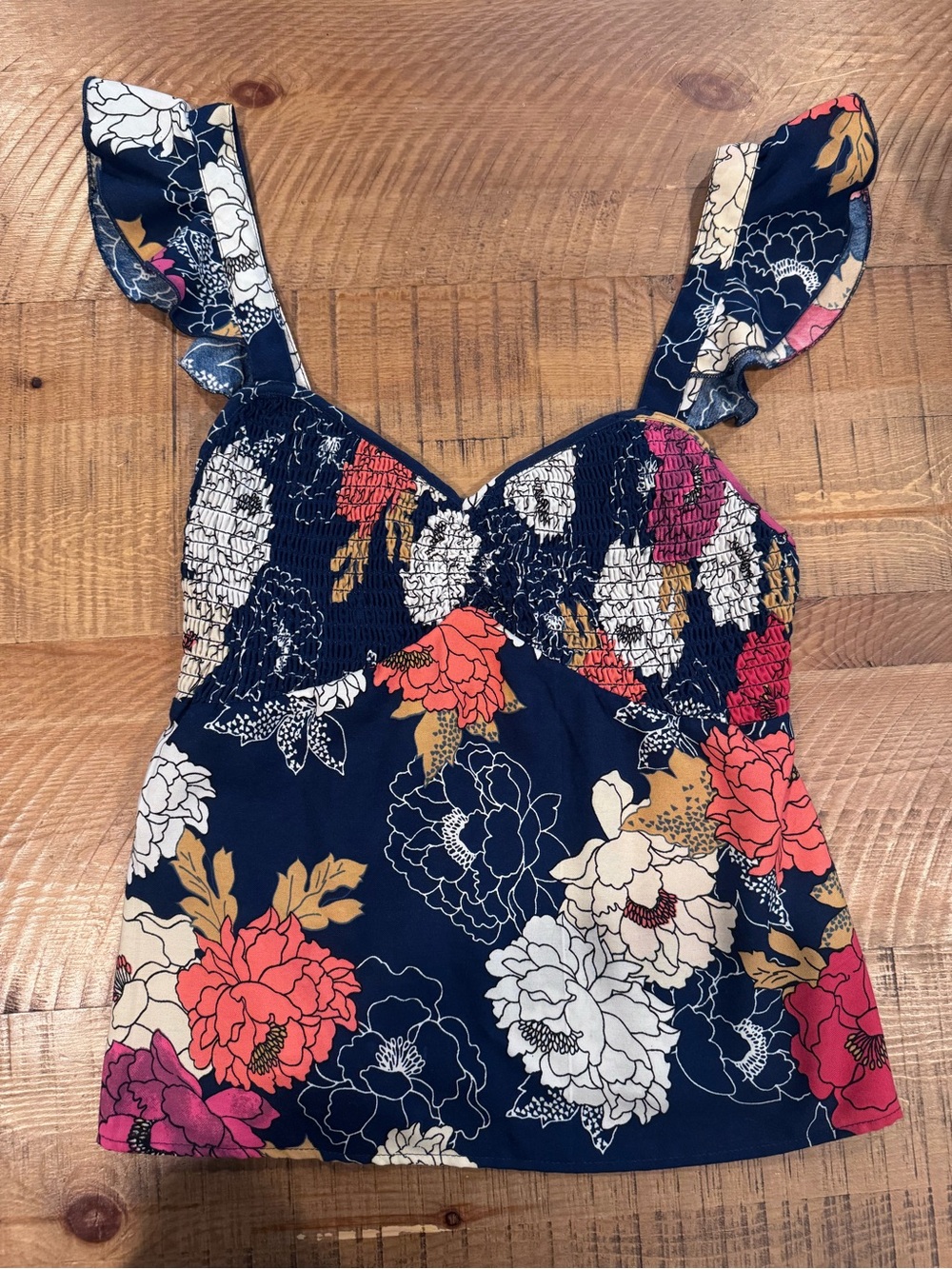 Navy Floral Smocked Tank with Coral & Cream Blooms